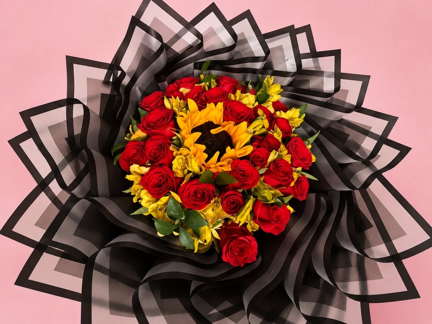 Ramo con Girasol Central y 24 Rosas