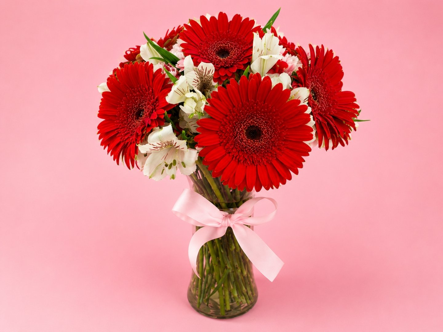 Jarrón 8 Gerberas Rosa y Alstroemerias