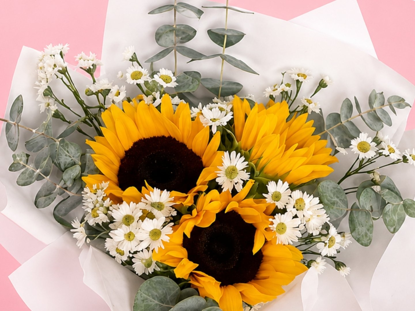 Ramo con 3 Girasoles y Manzanilla