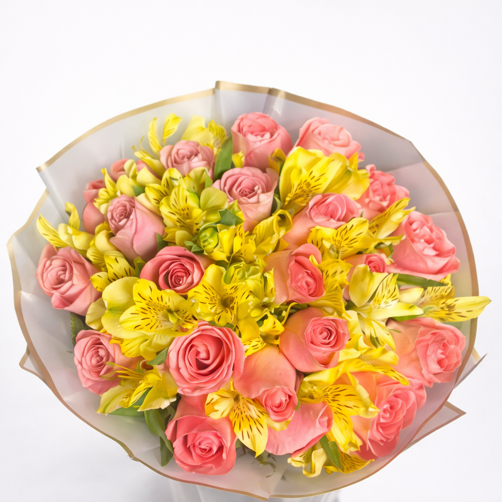 Ramo de 24 Rosas Rosas con alstromelia amarilla
