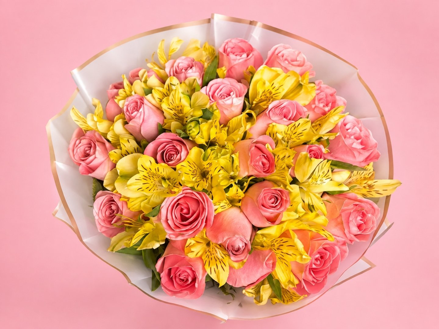 Ramo de 24 Rosas Rosas con alstromelia amarilla
