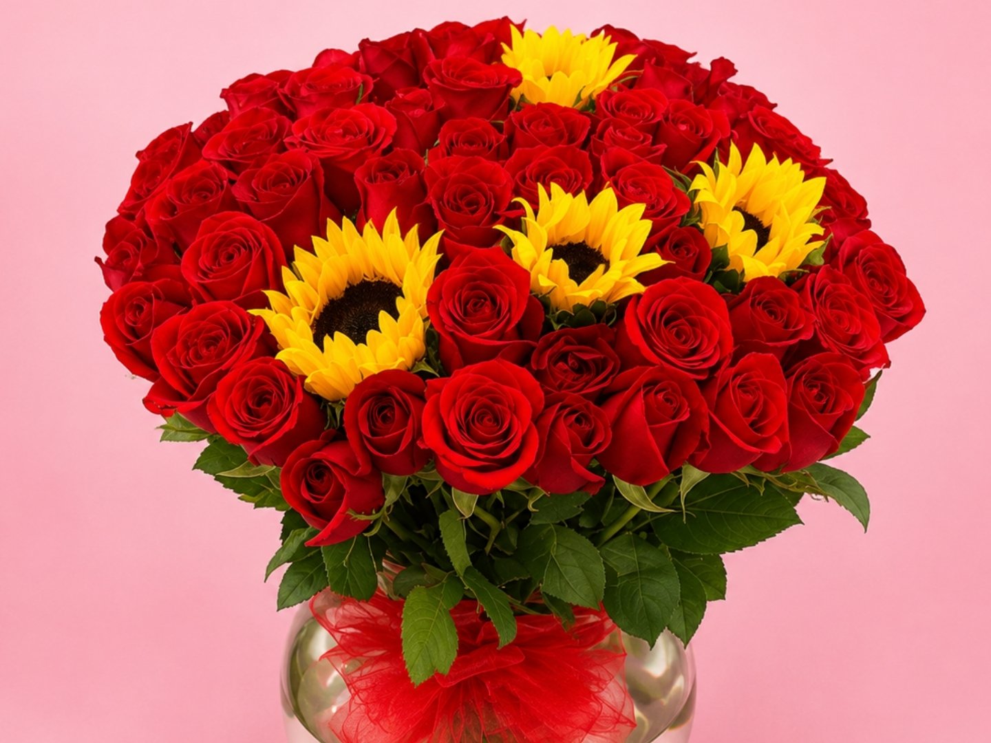 Jarrón con 50 Rosas Rojas y 4 Girasoles