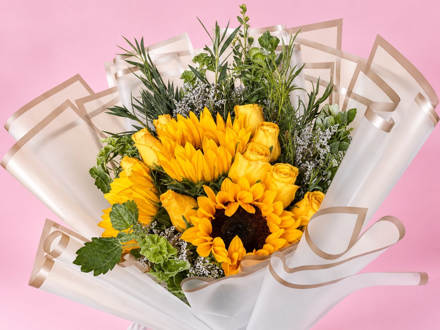 Ramo de 12 Rosas con 3 Girasoles