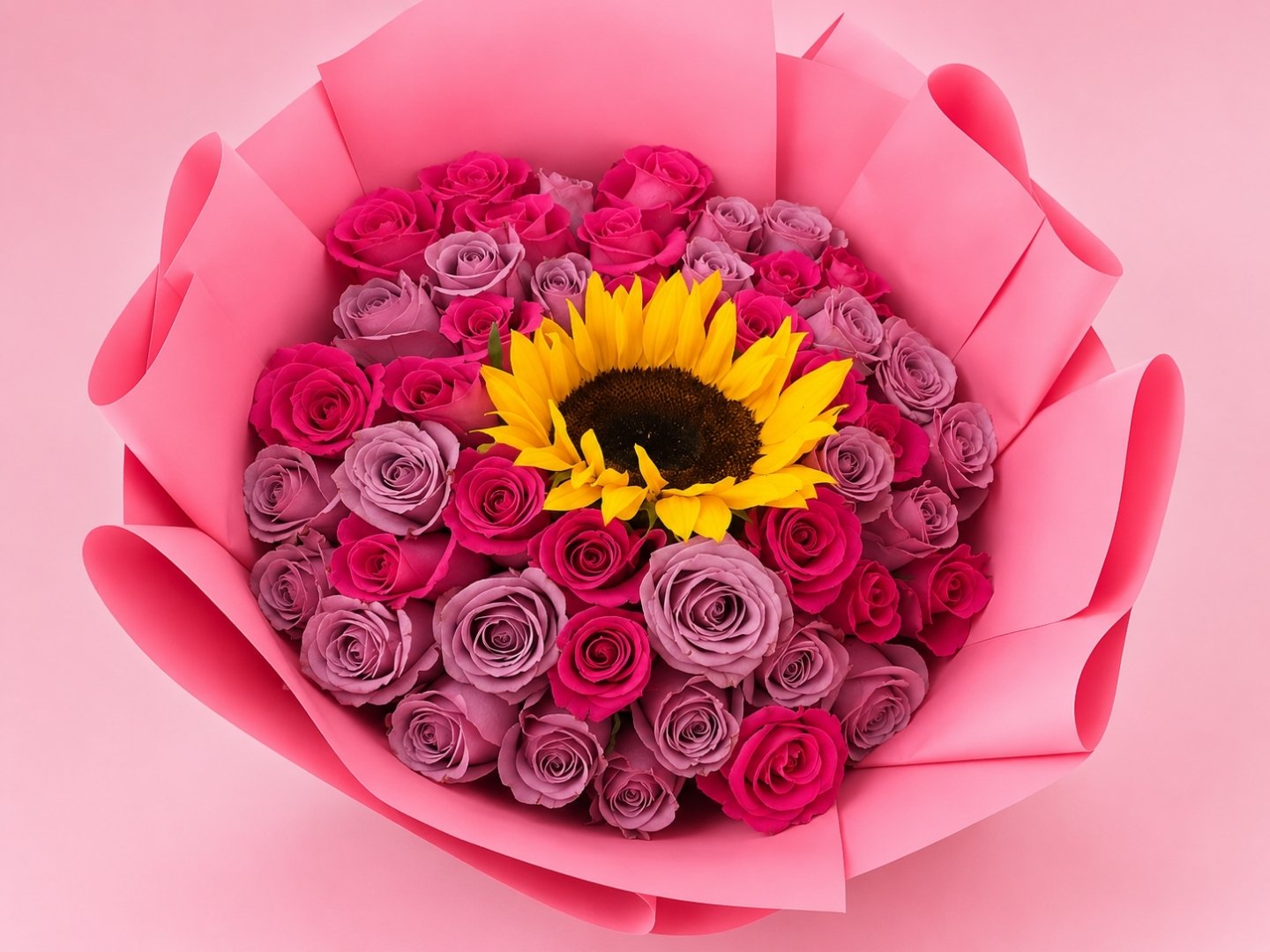 Bouquet de 50 Rosas Combinadas y 1 Girasol.